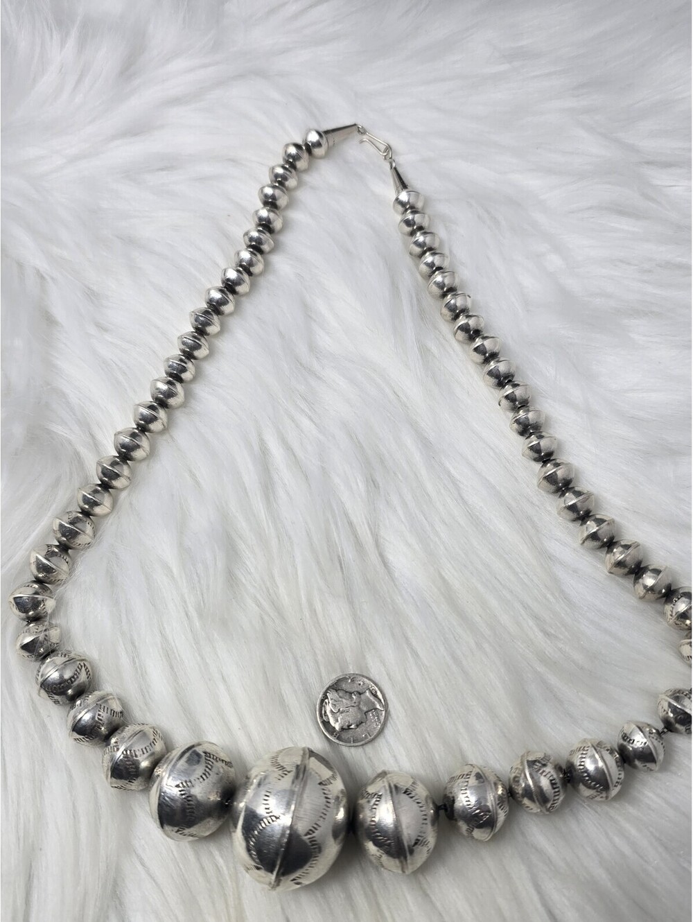 Navajo Sterling Silver Graduated Stamped Pearls Necklace 24" - Picture 6 of 8